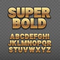 Font alphabet. Gold style, sanserif font with long shadow.