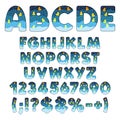 Font, alphabet, letter, number from layers with yellow toy ducks and bubbles. Isolated vector objects.