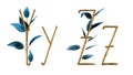 Font alphabet YZ is made of watercolor and gold leaf letters with a precious paper to cut the shape of the letters.