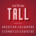Font and alphabet vector, tall letter design and graphic text on red background