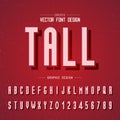 Font and alphabet vector, tall letter design and graphic text on red background
