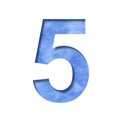 Font on blue sky. The digit five, 5 cut out of paper on a background of a bright blue sky with light clouds. Set of decorative