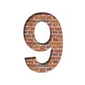 Font on brick texture. Digit nine, 9, cut out of paper on a background of real brick wall. Volumetric white fonts set