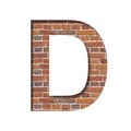 Font on brick texture. Letter D, cut out of paper on a background of real brick wall. Volumetric white fonts set