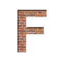 Font on brick texture. Letter F, cut out of paper on a background of real brick wall. Volumetric white fonts set