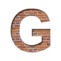 Font on brick texture. Letter G, cut out of paper on a background of real brick wall. Volumetric white fonts set