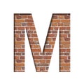 Font on brick texture. Letter M, cut out of paper on a background of real brick wall. Volumetric white fonts set