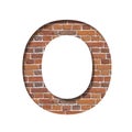 Font on brick texture. Letter O, cut out of paper on a background of real brick wall. Volumetric white fonts set