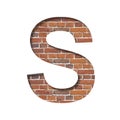 Font on brick texture. Letter S, cut out of paper on a background of real brick wall. Volumetric white fonts set