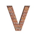 Font on brick texture. Letter V, cut out of paper on a background of real brick wall. Volumetric white fonts set