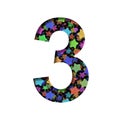 Font with Christmas stars. The digit three, 3 cut out of paper on the background of the colorful Christmas holiday stars on black Royalty Free Stock Photo