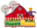 Font design for happy farm with red barn and scarecrow Royalty Free Stock Photo