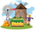 Font design for happy farm with windmill and scarecrow Royalty Free Stock Photo