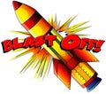 Font design for phrase blast off with rocket on white background Royalty Free Stock Photo