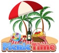 Font design for picnic time with food basket and wine