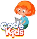 Font design for word code kids with girl working on computer Royalty Free Stock Photo