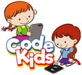 Font design for word code kids with two girls using computer