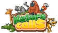 Font design for word nature calls with wild animals on white background