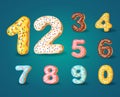 Font of donuts. Bakery sweet alphabet. Alphabet numbers Donut icing colors style 0,1,2,3,4,5,6,7,8,9 ,0. Vector