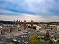 Font magica de montjuic at placa de espana in Barcelona evening afternoon sunlight warm clear sky two towers castle fort Royalty Free Stock Photo