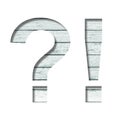 Font on old boards. Exclamation and question marks cut out of paper on a rustic wall of old boards with blue paint. Set of Royalty Free Stock Photo