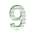 Font on an old wooden wall. Digit nine, 9 cut out of paper on the background old wood wall with peeled green paint. Set of