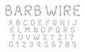 Font Out of Barb Wire in Thin Line Style. Latin Letters and Numbers