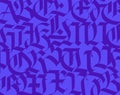 Font pattern, medieval gothic. Vector. European modern gothic. Blue letters on a light blue background. All letters are handwritte