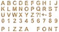 Font on pizza texture. Alphabet letters ABCDEFGHIJKLMNOPQRSTUVWXYZ and digits 1234567890 set made from a real pizza. Font