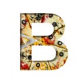 Font on pizza texture. Letter B, cut out of paper on a background of real pizza. Volumetric white fonts alphabet set