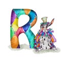 Font R Watercolor rabbit in hat and cape