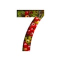 Font on red currant. Digit seven, 7 cut out of paper on the background of bright ripe bunches of red currants berries. Fruit or
