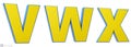 Font story, letters V, W, X. 3d render glosy yellow and blue. Path save. Royalty Free Stock Photo