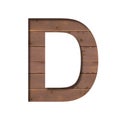 Font on texture of wooden boards. Letter D, cut out of paper on a background of real rustick wood wall. Volumetric white fonts