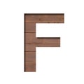 Font on texture of wooden boards. Letter F, cut out of paper on a background of real rustick wood wall. Volumetric white fonts