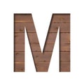 Font on texture of wooden boards. Letter M, cut out of paper on a background of real rustick wood wall. Volumetric white fonts