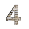 Font on white brick. The digit 4, four is cut from white paper the background of a sloppy white brick wall. Popular decorative