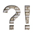 Font on white brick. Exclamation and question marks cut from white paper the background of a sloppy white brick wall. Popular