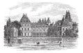 Fontainebleau Palace in Paris, France, vintage engraving