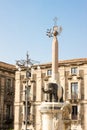 The Fontana dell`Elefante elephant`s fountain symbol of Catania, Italy, assembled in 1736