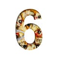 Fonts on pizza texture. Digit six, 6, cut out of paper on a background of real pizza. Volumetric white fonts alphabet set