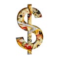 Fonts on pizza texture. Dollar money symbol, cut out of paper on a background of real pizza. Volumetric white fonts set