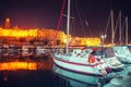 Fontvieille and Monaco Harbor with luxury yachts port, French Riviera night view. Travel concept