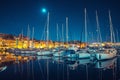 Fontvieille and Monaco Harbor with luxury yachts port, French Riviera night view. Travel concept