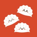 Gyoza cartoon vector. Hot dumplings and chopsticks on red background.