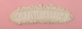 Food additive E412, banner, design element. Guar gum powder or guaran on pink background. Inscription GUAR GUM