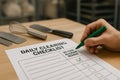 Food allergen residue verification checklist in bakery with hand marking completed control task in food engineering environment Royalty Free Stock Photo