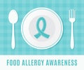 Food Allergy Awareness Teal Ribbon with Plate, Spoon and Fork.