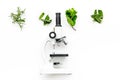 Food analysis. Pesticides free vegetables. Herbs rosemary, mint near microscope on white background top view copy space