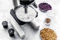 Food analysis. Rice under the microscope on grey background